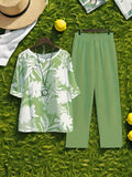 [Casual Women's Suits] Elegant Women's Suits: Round Neck, Mid Sleeve Trousers, Fashionable, Casual, Comfortable