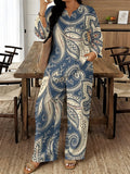 Plus-size Women's Spring and Autumn Loose-fitting Set, Long-sleeved Pants with a Small V-neck Design, 2pcs Set