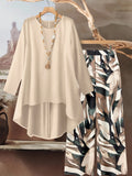 2pcs Apricot Long Sleeve Top And Abstract Autumn Leaf Print Loose Trousers, Women'S Casual Round Neck Long Sleeve Top And Pants Set, Suitable for Summer, Early Autumn, Parties, Old Money Style Fall Outfit