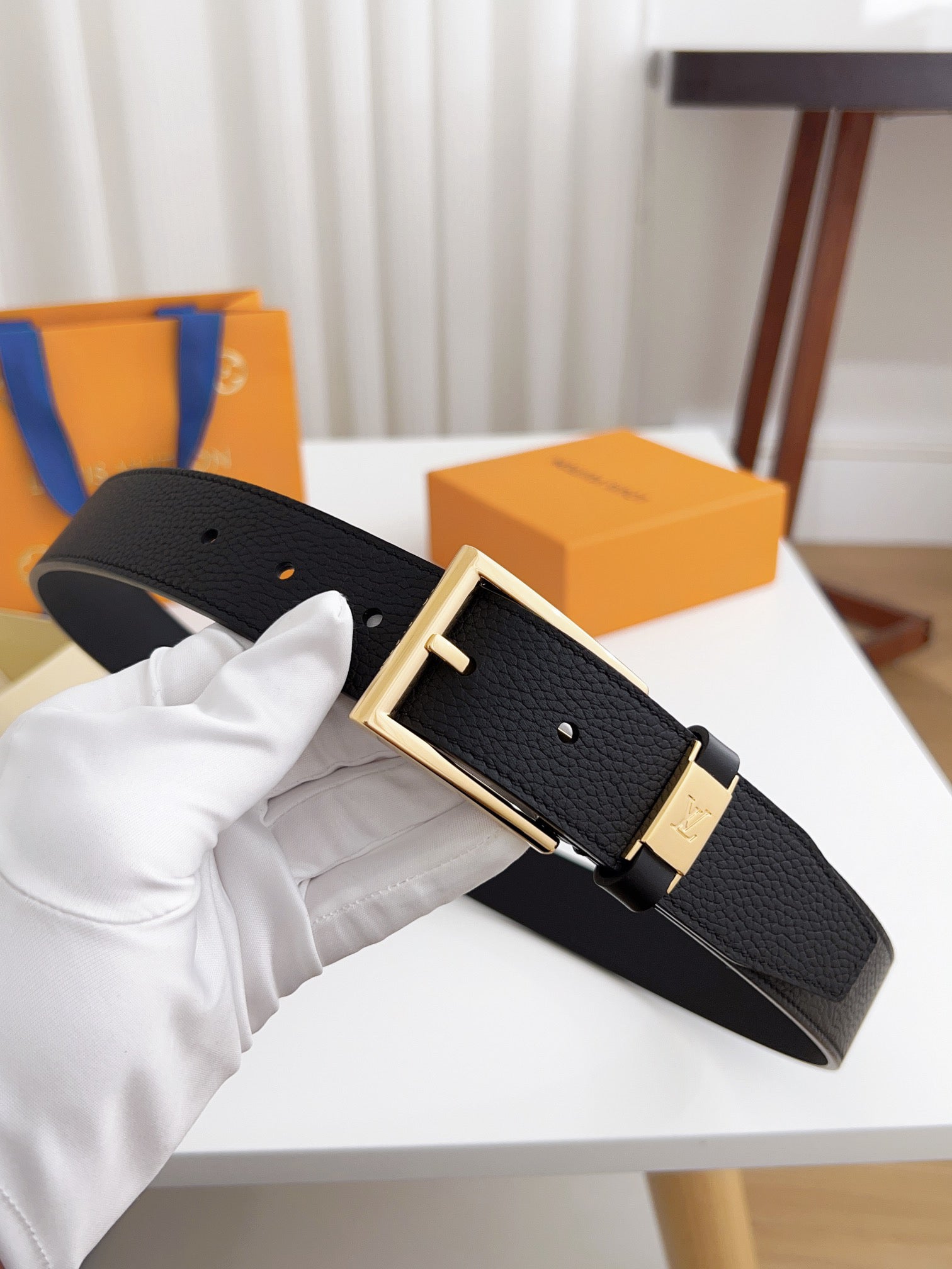 LV Black Togo Leather 35mm Pin Buckle Belt
