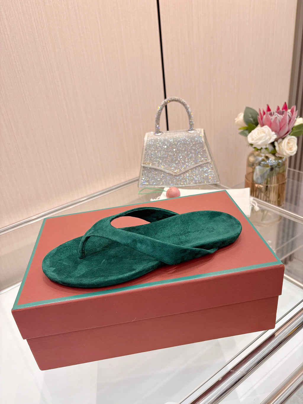 Emerald Green Suede Old Money Style Flat Flip Flops Women Luxury Thong Sandals