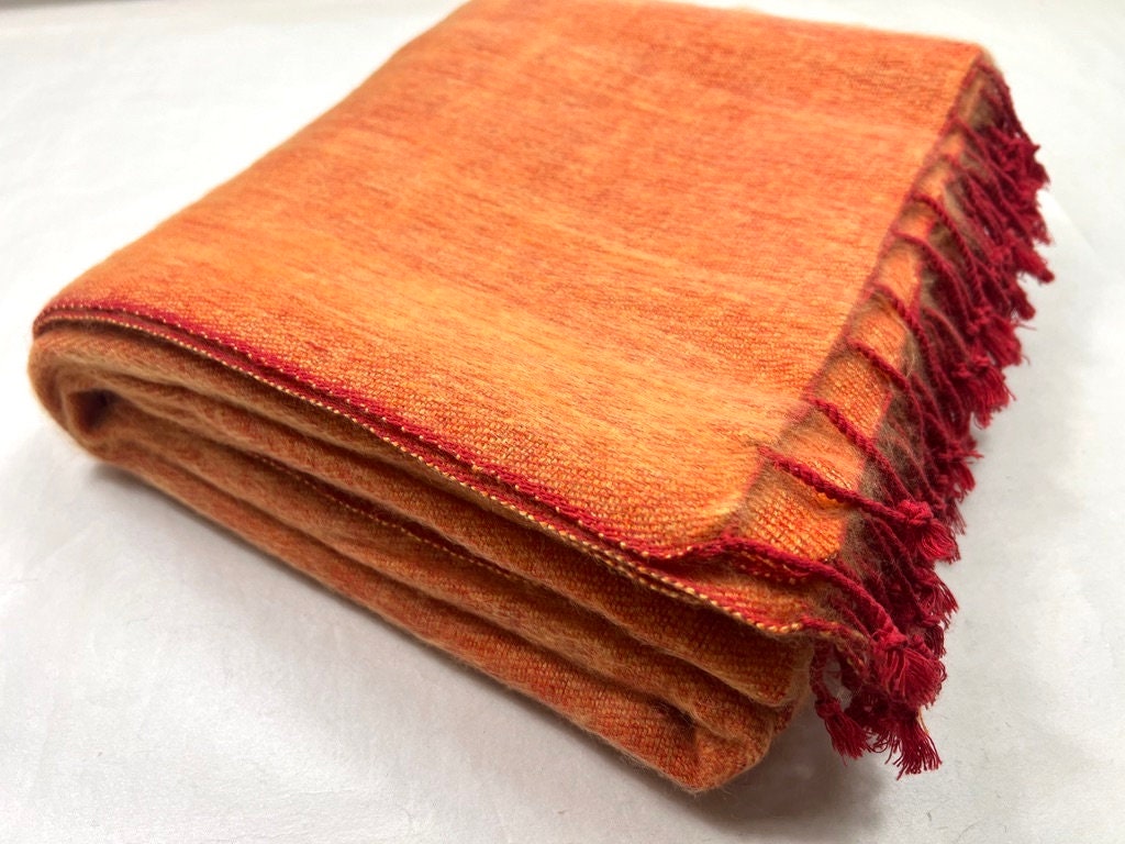 Handwoven Yak Wool Blend Blanket, Rust Orange Meditation Scarf