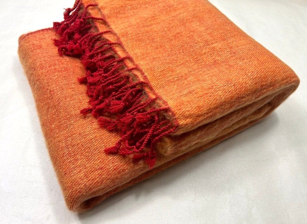 Handwoven Yak Wool Blend Blanket, Rust Orange Meditation Scarf
