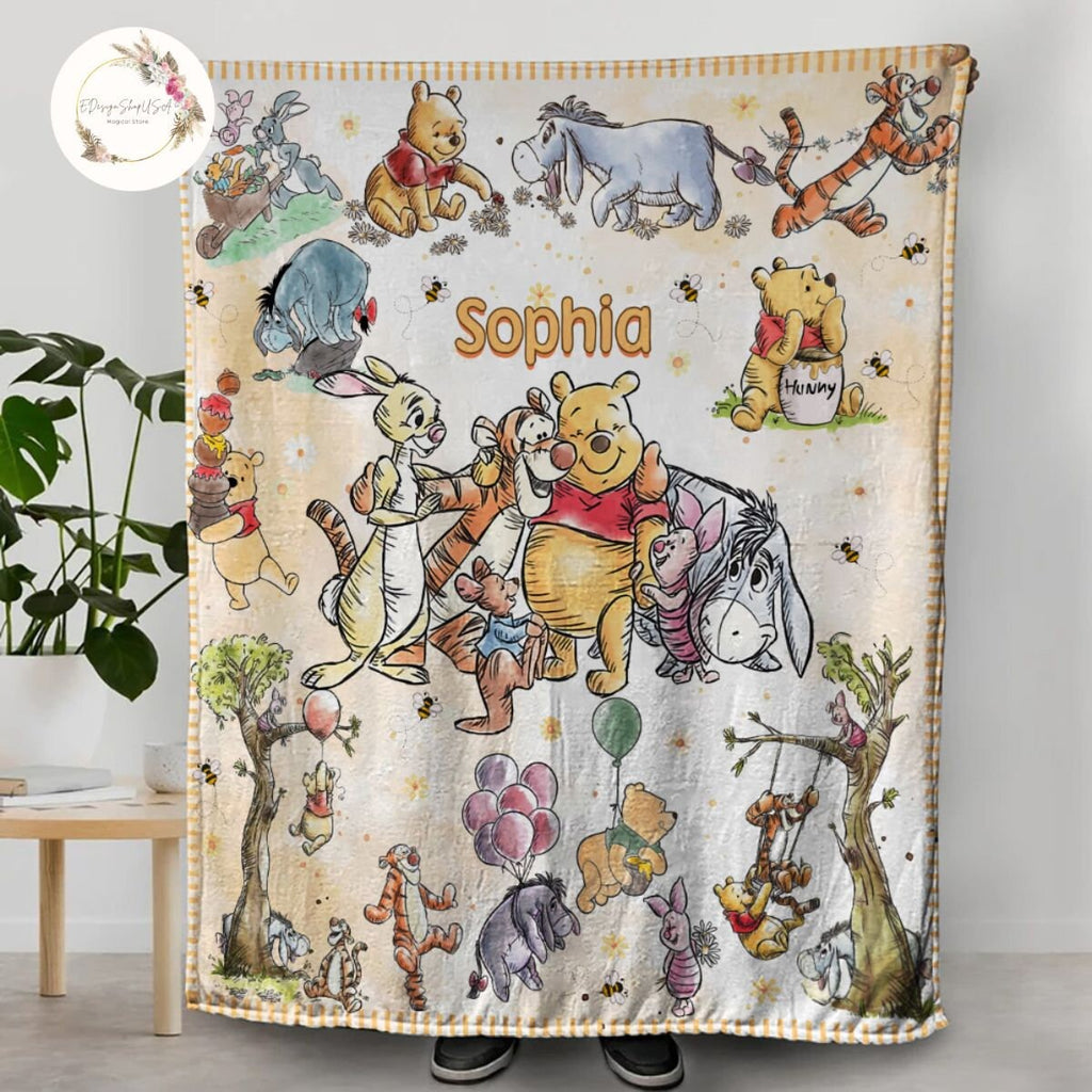 Personalized Watercolor Winnie the Pooh blanket, Pooh Bear and friends blanket, Birthday gift for her/him, Kids Adults blanket