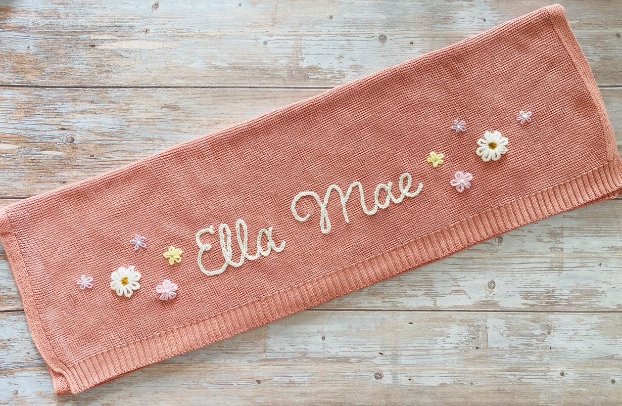 Baby Knit Blanket with Custom Embroidery, Soft Cotton, Newborn Gift, Baby Shower Present