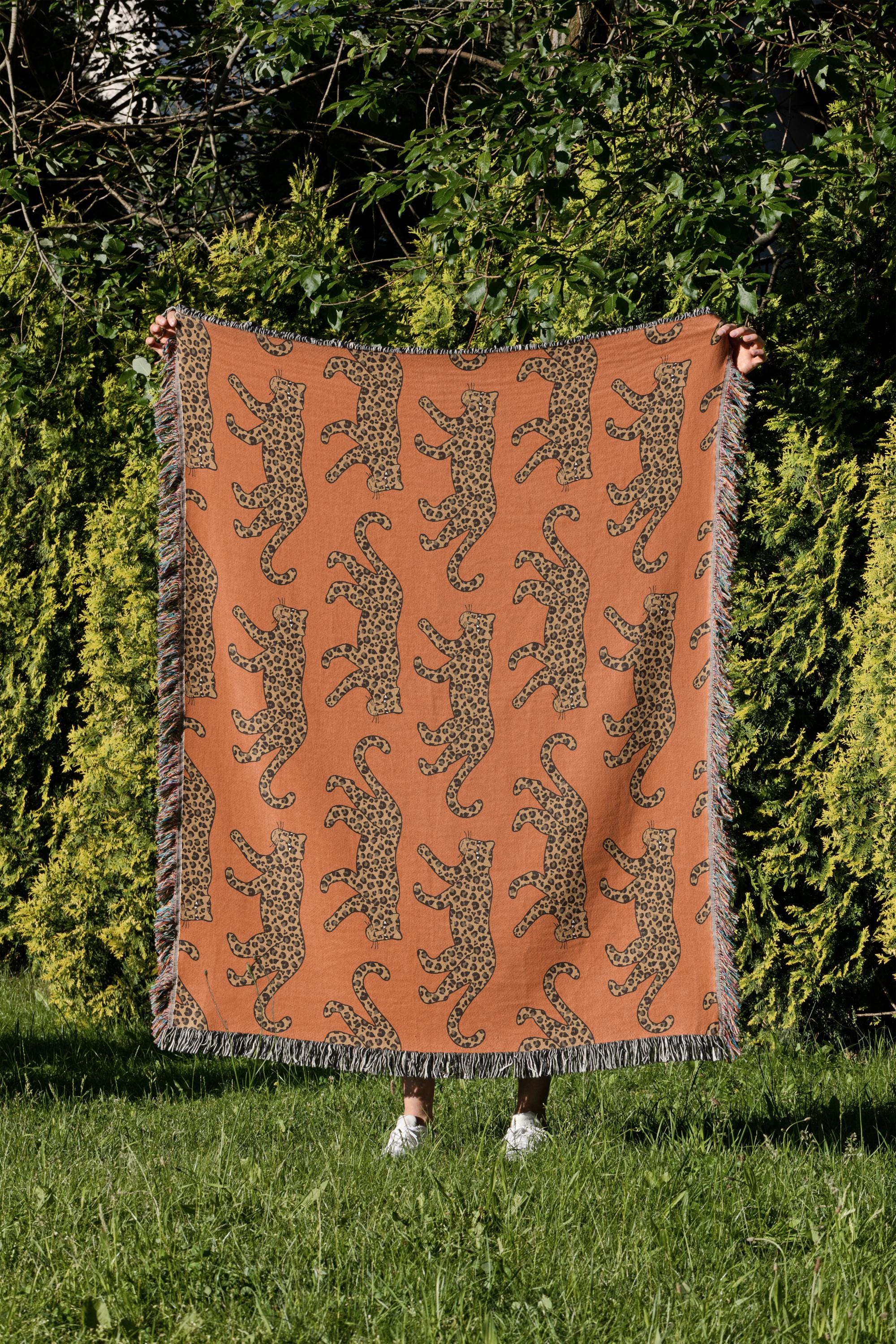 Cotton Woven Blanket, Leopard Parade, Rust Orange, Jungle Cat Decor, Cheetah Throw, Safari Theme, Animal Print, Gift for Her, Fringe Throw