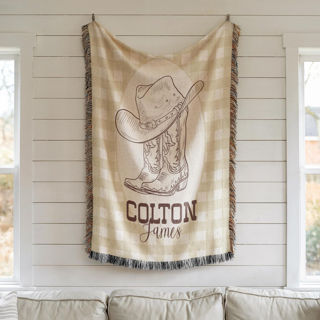 Personalized Cowboy Woven Baby Blanket, Western Cowboy Boys Blanket, Heirloom Blanket, Newborn Name Blanket, Baby Name Woven Throw Blanket