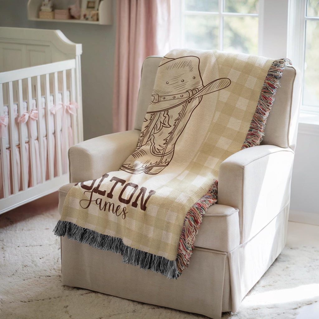 Personalized Cowboy Woven Baby Blanket, Western Cowboy Boys Blanket, Heirloom Blanket, Newborn Name Blanket, Baby Name Woven Throw Blanket