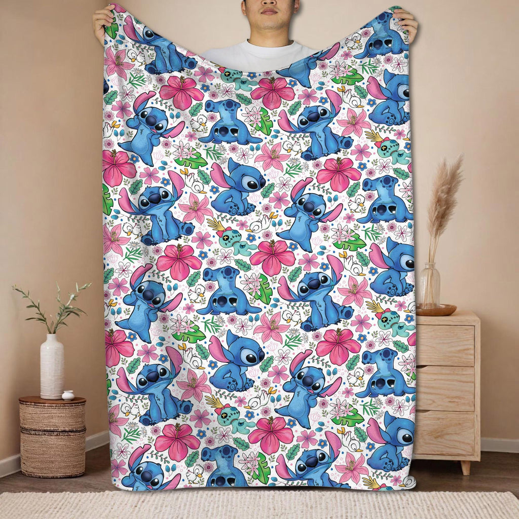 Stitch Tropical Fleece Blanket – Cute Hibiscus Throw for Kids & Fans – Soft Cozy Blanket Gift