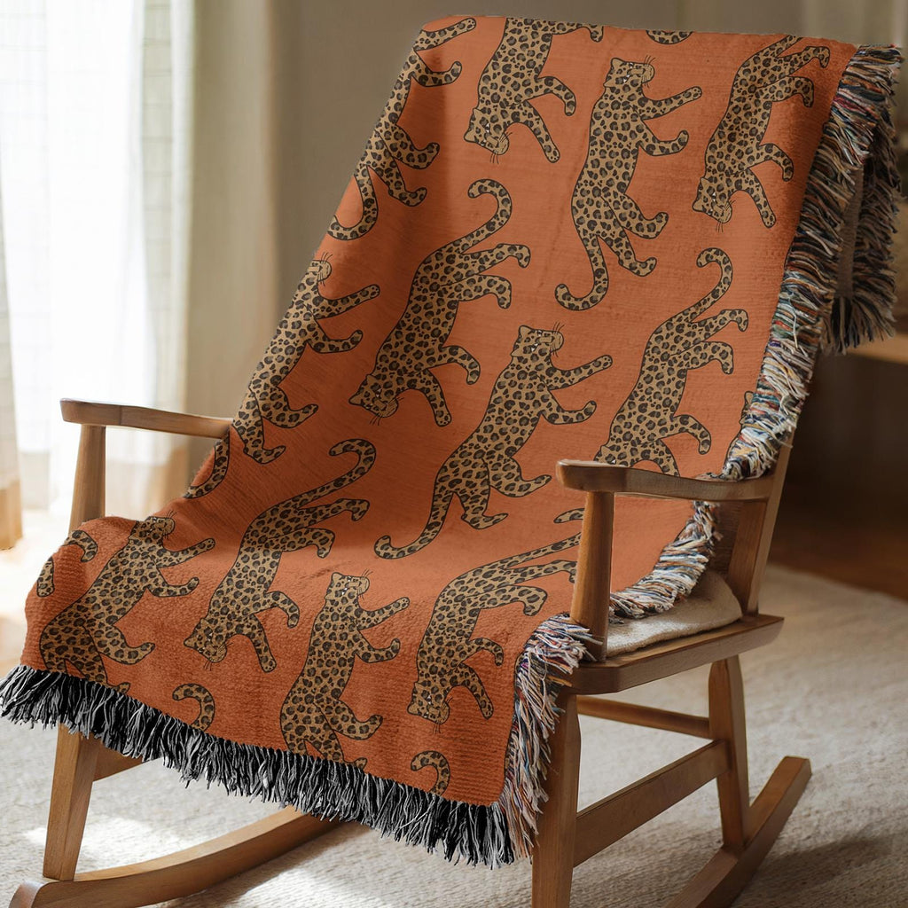Cotton Woven Blanket, Leopard Parade, Rust Orange, Jungle Cat Decor, Cheetah Throw, Safari Theme, Animal Print, Gift for Her, Fringe Throw