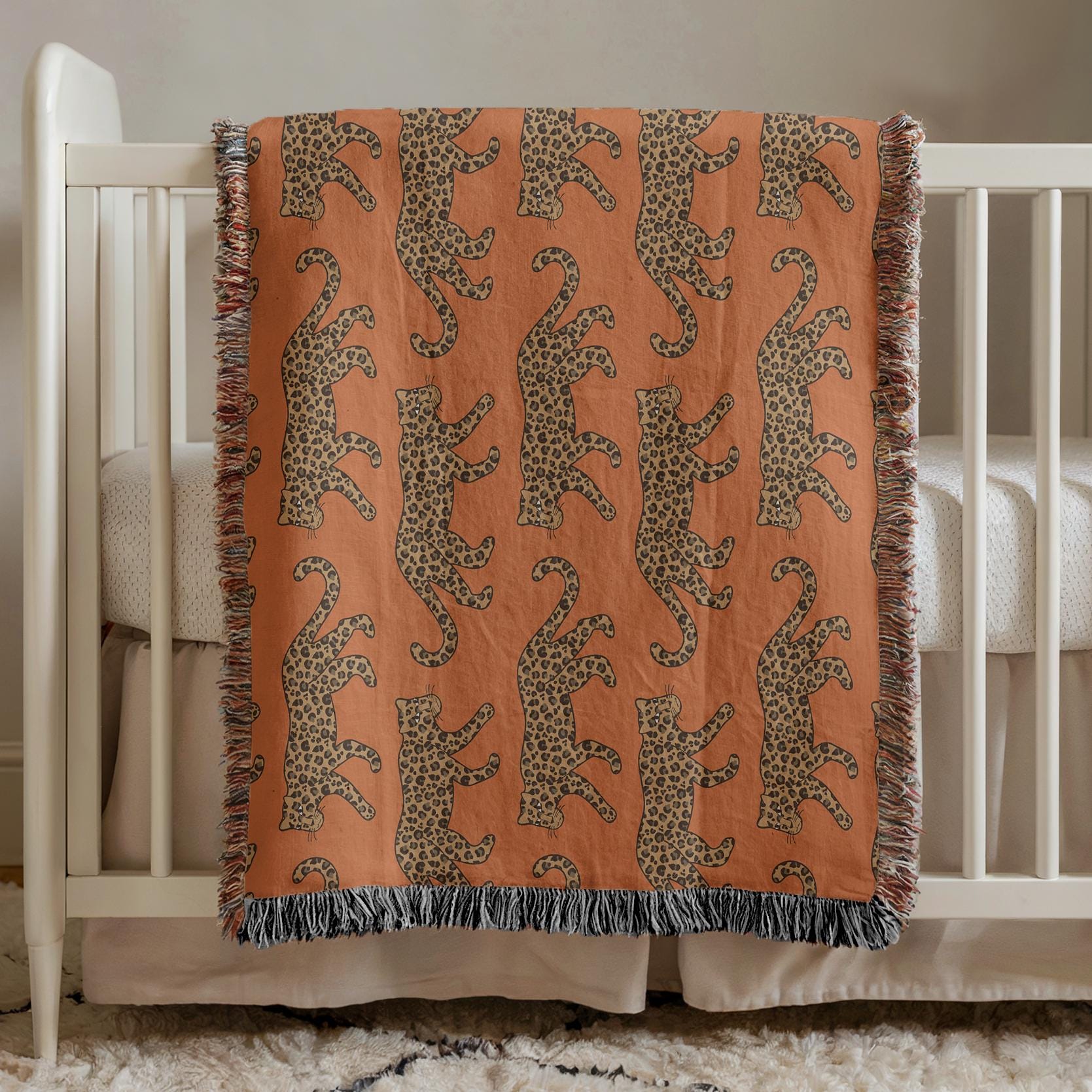 Cotton Woven Blanket, Leopard Parade, Rust Orange, Jungle Cat Decor, Cheetah Throw, Safari Theme, Animal Print, Gift for Her, Fringe Throw