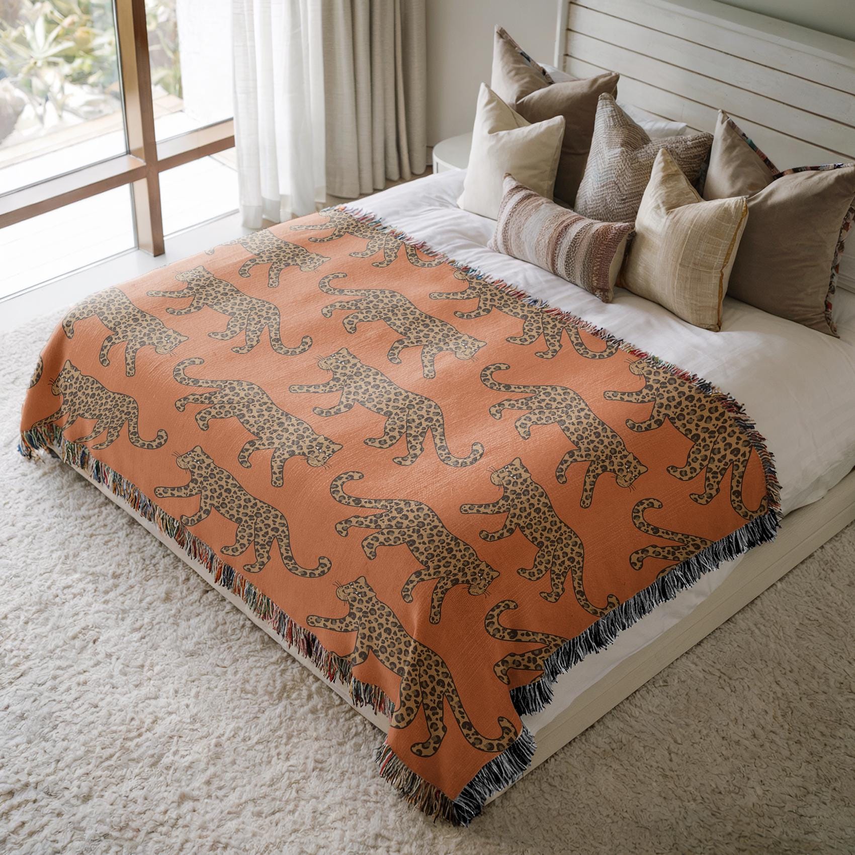 Cotton Woven Blanket, Leopard Parade, Rust Orange, Jungle Cat Decor, Cheetah Throw, Safari Theme, Animal Print, Gift for Her, Fringe Throw