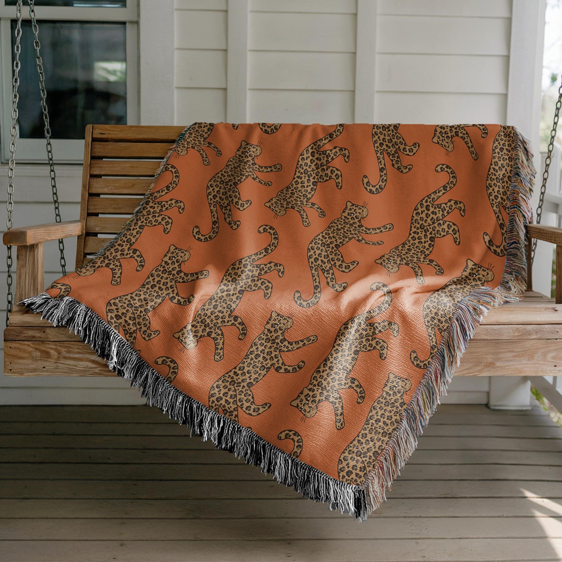 Cotton Woven Blanket, Leopard Parade, Rust Orange, Jungle Cat Decor, Cheetah Throw, Safari Theme, Animal Print, Gift for Her, Fringe Throw