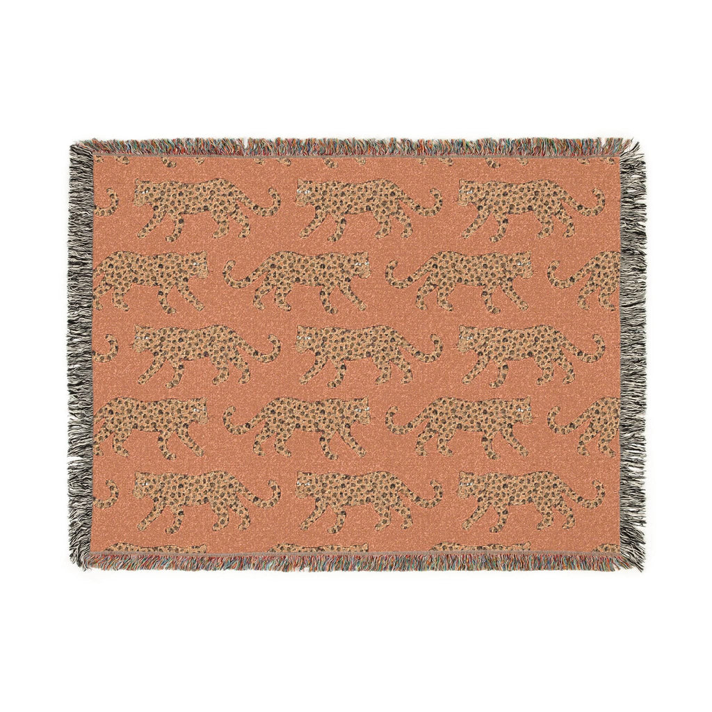 Cotton Woven Blanket, Leopard Parade, Rust Orange, Jungle Cat Decor, Cheetah Throw, Safari Theme, Animal Print, Gift for Her, Fringe Throw