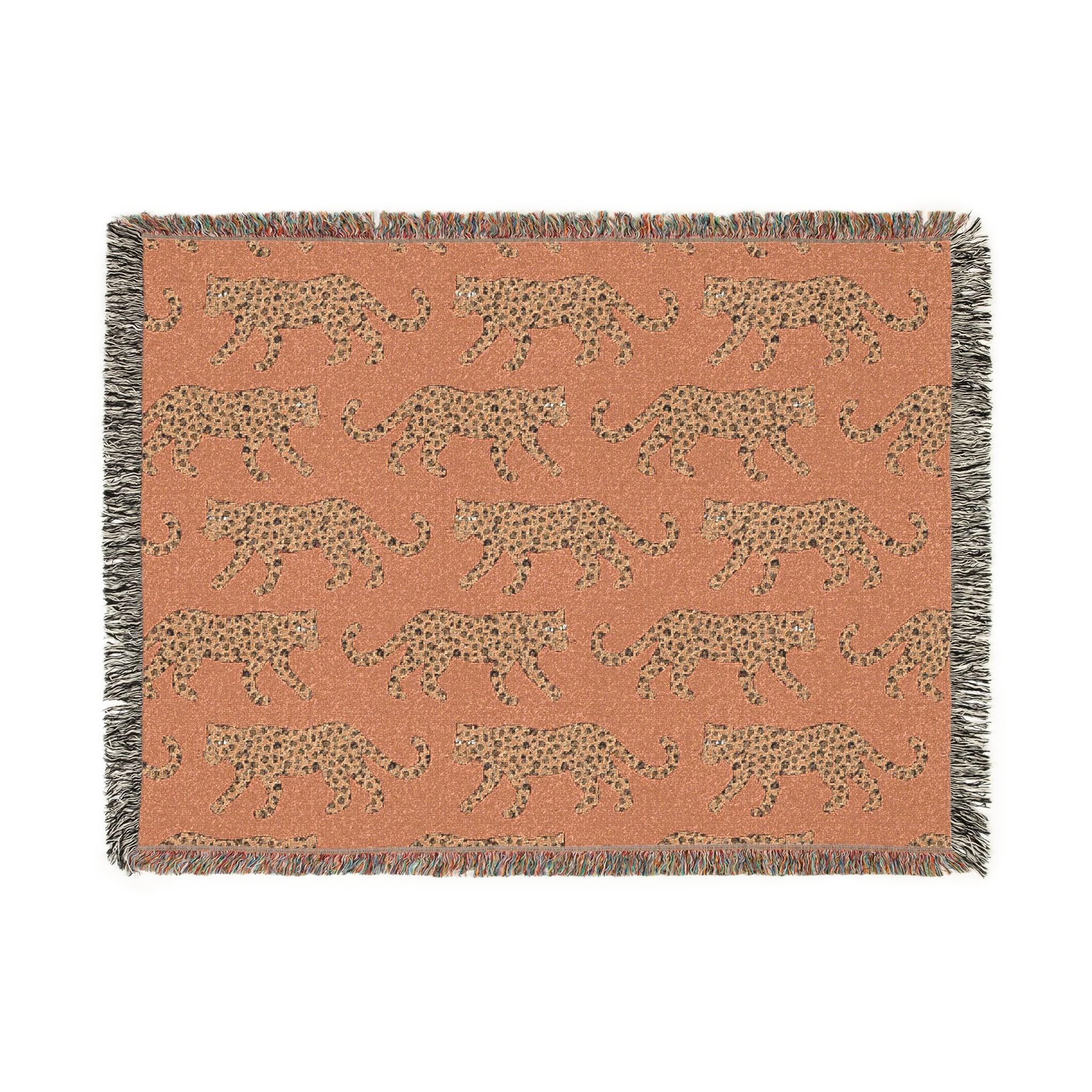 Cotton Woven Blanket, Leopard Parade, Rust Orange, Jungle Cat Decor, Cheetah Throw, Safari Theme, Animal Print, Gift for Her, Fringe Throw